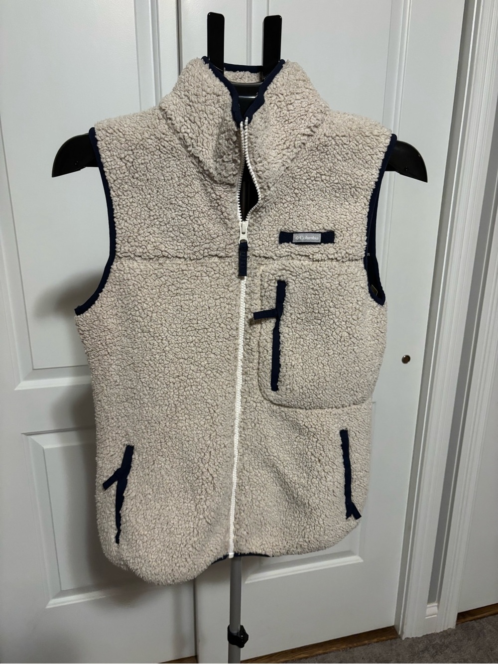 Columbia Cream Sherpa Vest with Navy Accents